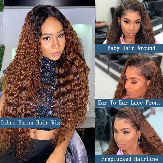 Ombre Curly Lace Front Human Hair Wigs For Women Bleached Knots Density180 Preplucked 13x4 Brazilian Hair Curly Lace Frontal Wig