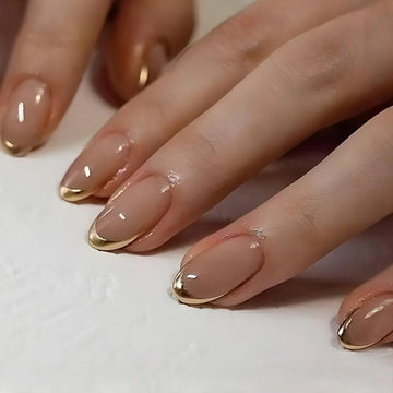 24Pcs Golden French Fake Nail with Almond Head Design Simple Oval False Nails Wearable Press on Nails Full Cover Nail Tips