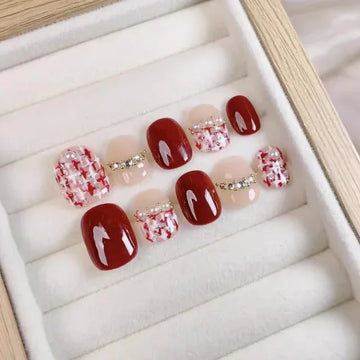 10Pcs Red Chic Press-On Nails Set Elegant French Style with Pearl Short Handmade Lattice Fake Nails for Women and Girls Wearing