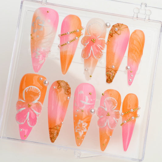 10Pcs Handpainte Manicure Long Stiletto Fake Nails Unique 3D beautiful Flowers Press On Nails Design with Adhesive Nail File Set