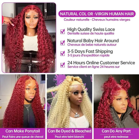 99J Burgundy Deep Wave 13x6 Transparent Lace Frontal Wig Water Wave Human Hair 13x4 13x5 Lace Front Wine Red Color Curly Wigs