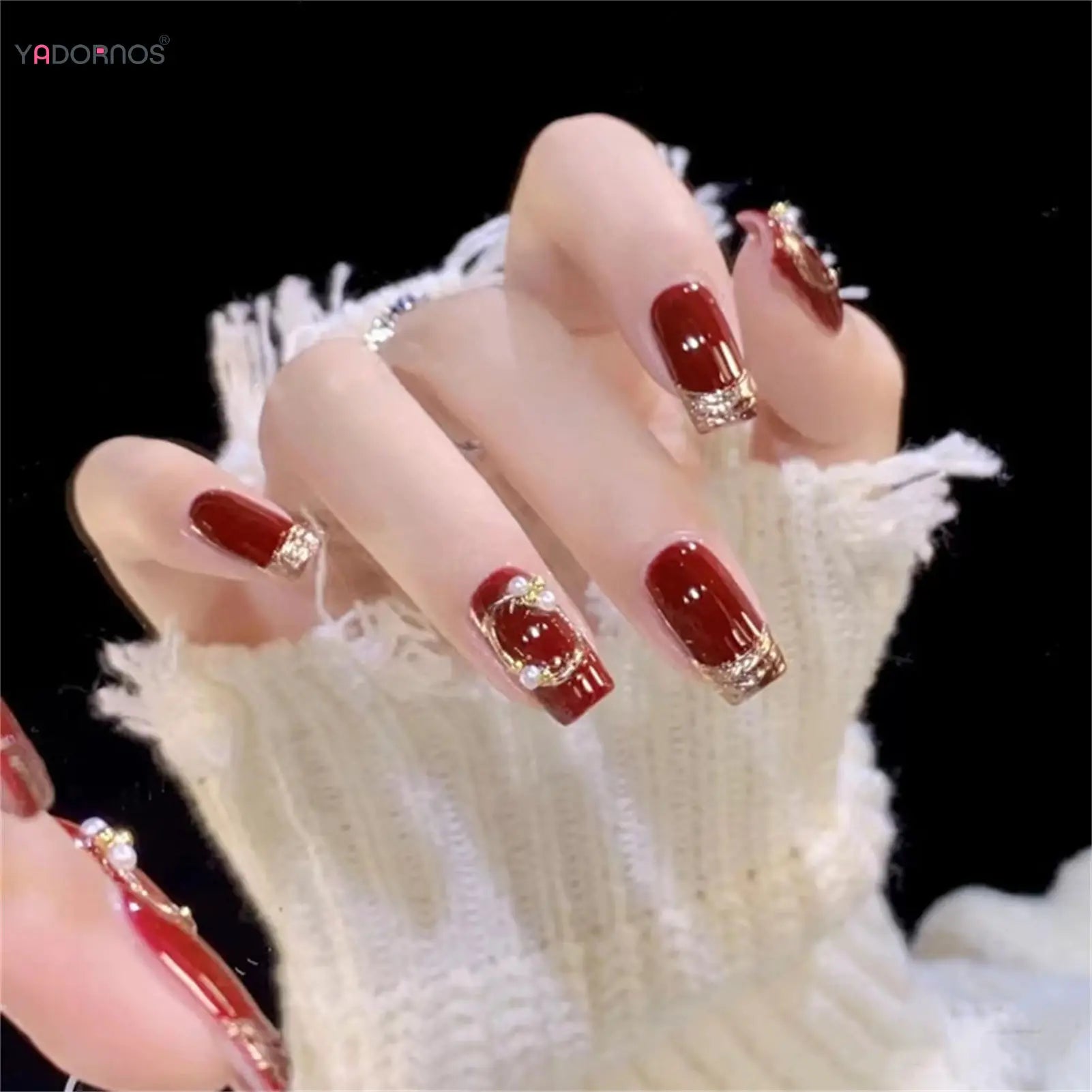 2025 New Year Charm False Nails Glossy Red Press on Nails Mid-length Square Head Wearable Fake Nails Pearls Designs 24Pcs