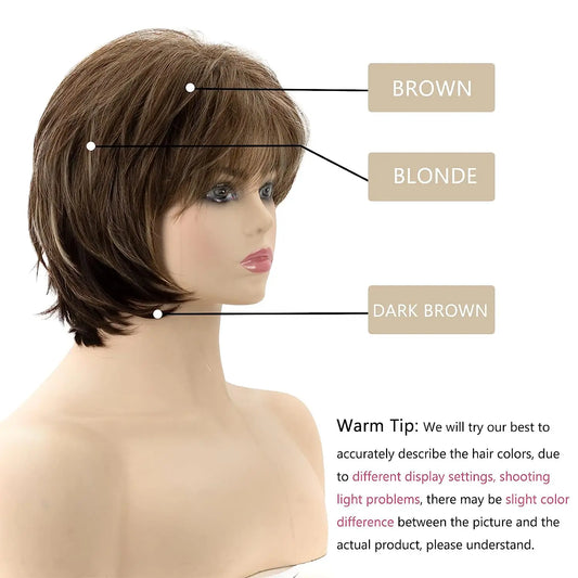 Brown Short  for White Women Layered  Pixie Cut  with Blonde Highlights Natural Looking Synthetic Hair Wit