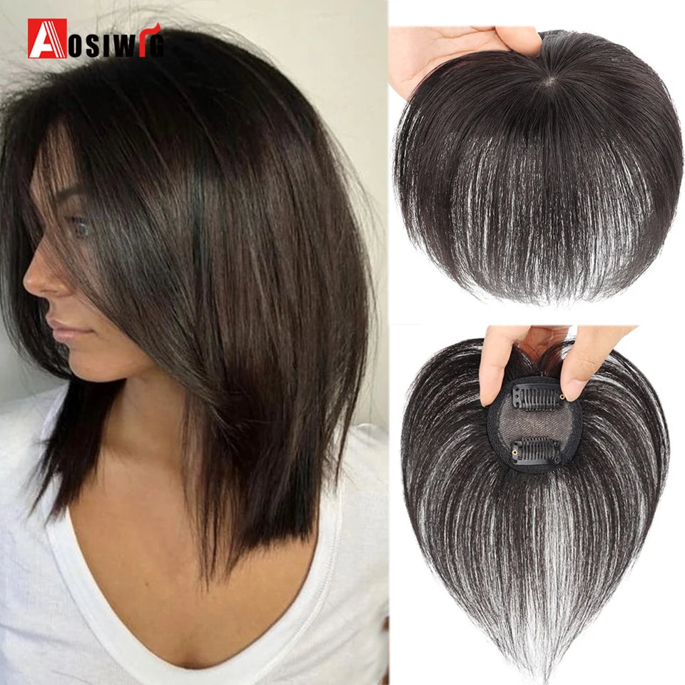 AOSI Synthetic Black Brown Curly Hair Top Toupee Hair Extensions Replacement Closure Hairpiece Wigs With Bangs Women