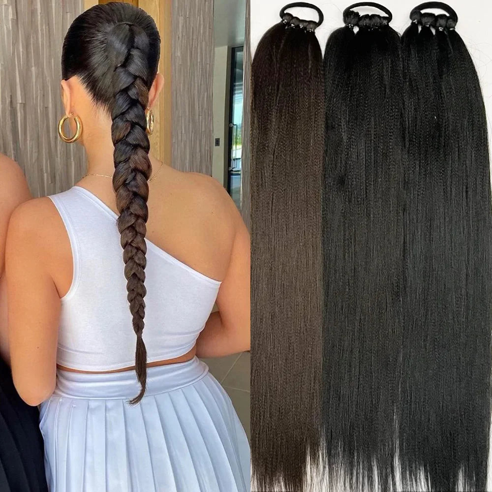 Synthetic Ponytail Extensions Boxing Braids Wrap Around Chignon Tail With Rubber Band Hair Ring 26 Inch Brown Ombre Braid DIY