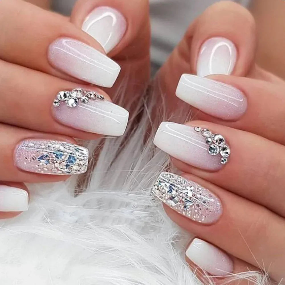 24Pcs False Nail Full Cover Fake Nail White Gradient Glitter French Nails Short Coffin False Nail with Rhinestone Press on Nails