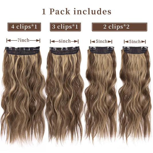 Leeons Wavy Clip In Hair Extensions 4 PCS Natural Soft Long Wavy Hairpieces Thick Double Weft Clip In Hair Extensions For Woman