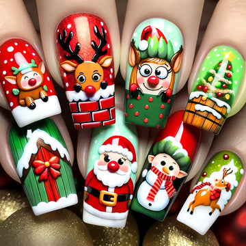 24pcs Santa Claus Elk Snowhouse Pattern Fake Nail 2025 New Year Gifts Girl Wearable Fake Nail Tips Coffin Head Press on Nails