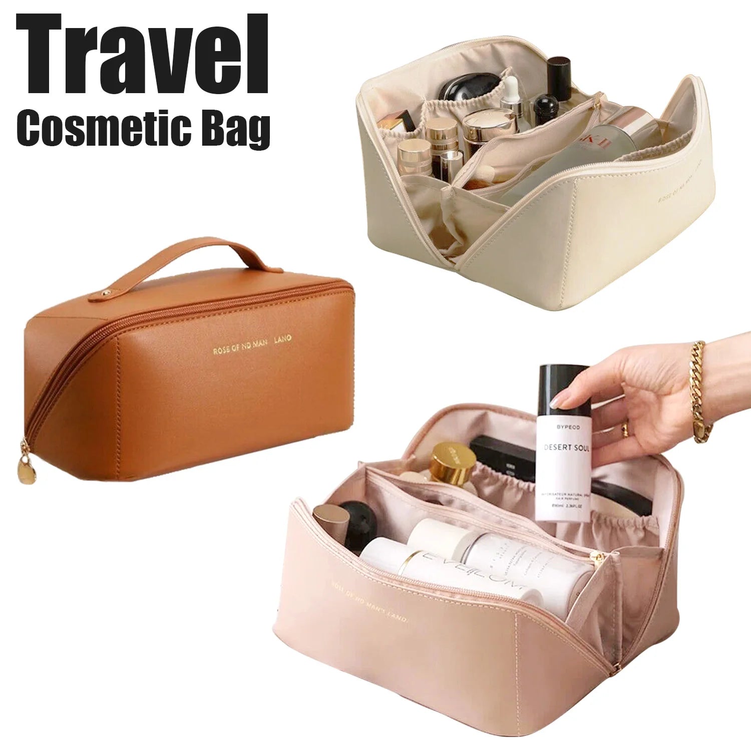 Leather Large Capacity Travel Cosmetic Bag Portable Women Makeup Case Waterproof Multifunctional Toiletry Organizer Storage Bag