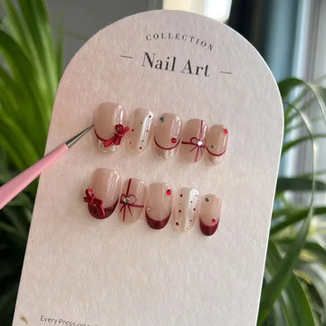 Handmade Press on Nails Red Bow French Fake Nails for Gluing 2025 Winter Manicure Reusable Adhesive Nail Tips with Box and Tools