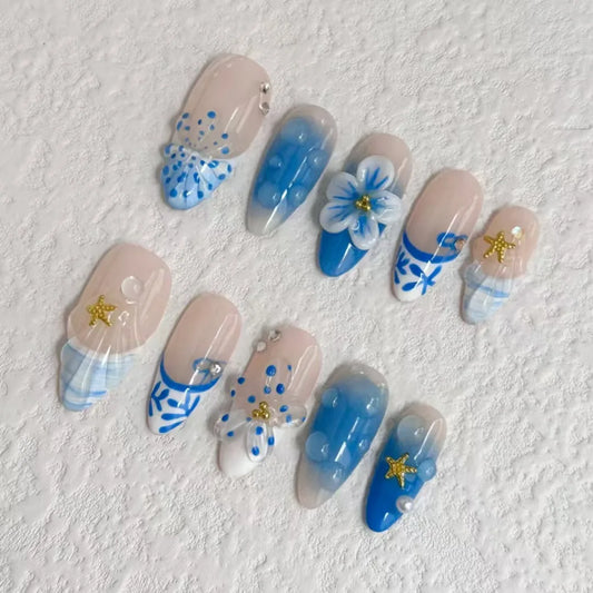 2025 Handmade New Manicure Blue Personalized Flower Design Relief 3D Nails Fake Press on Nails Gold Embellishment Premium Style