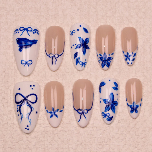 10Pcs Handmade Manicure Medium Almond Bow Nails Unique 3D Blue Flowers Press On Nails Design with Adhesive Nail File Set