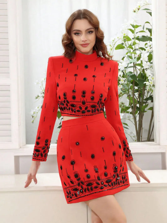 Women Heavy Industry Hot diamond Suit Short Skirt Set with Stand Collar Long Sleeve Hoodie Short Top+Mini Skirt Two Piece Set