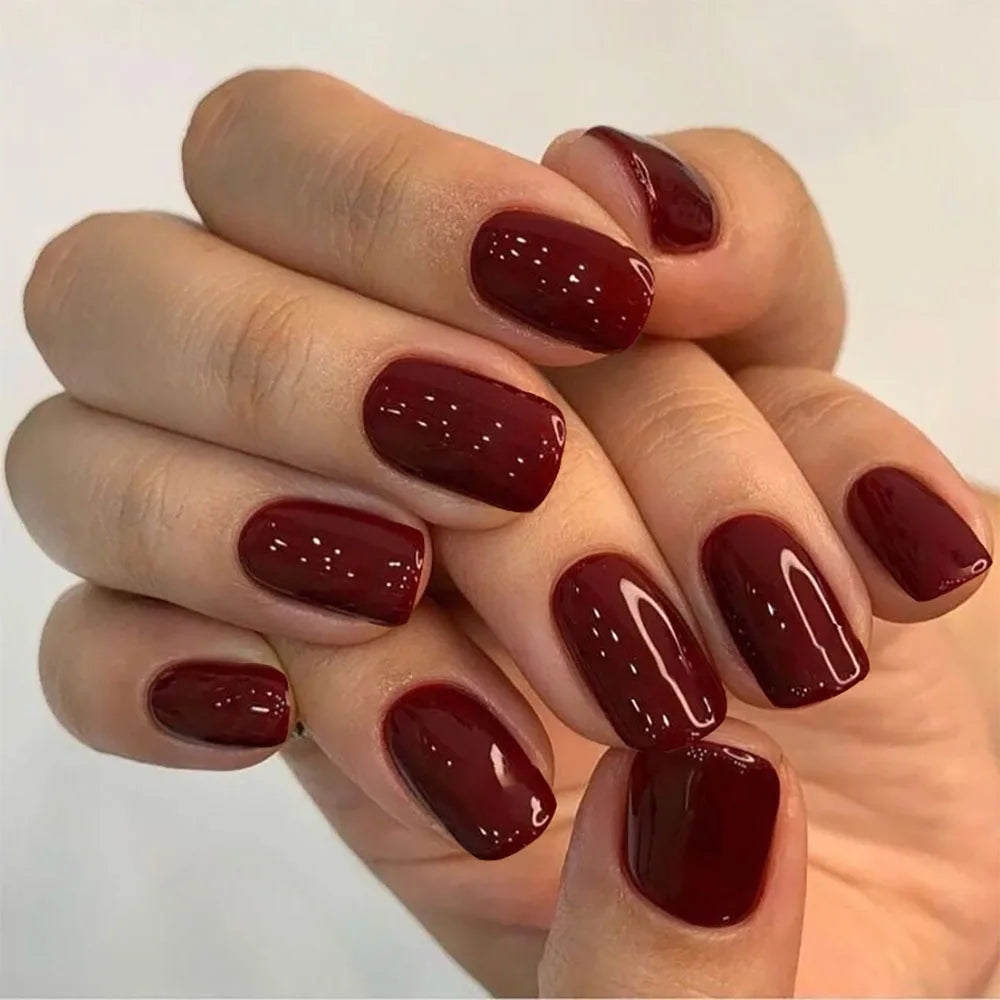 24pcs Short Square Wine Red False Nail Solid Color Simple Design Fake Nail Art Wearable Press on Nails Tips with Jellly Glue