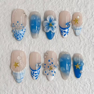 2025 Handmade New Manicure Blue Personalized Flower Design Relief 3D Nails Fake Press on Nails Gold Embellishment Premium Style