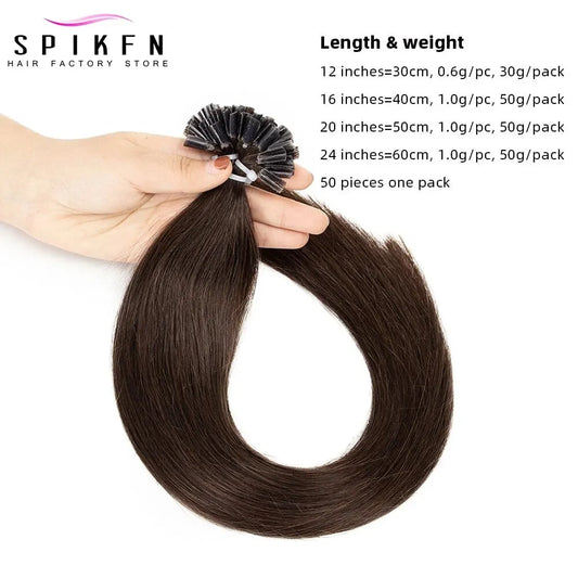 SPIKFN Fusion Keratin Bond Human Hair Extensions Capsule U Nail Tip 12" 16" 20" 24" Pre Bonded Hair Platinum Blonde 50pcs