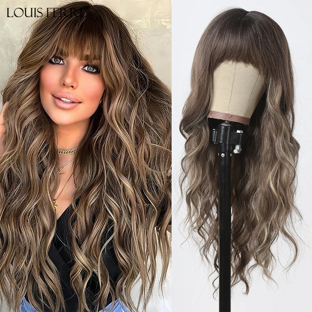 LOUIS FERRE Long Wavy Brown Blonde Highlights Synthetic Wigs for Women Natural Wave Hair With Bangs Daily Heat Resistant Wigs