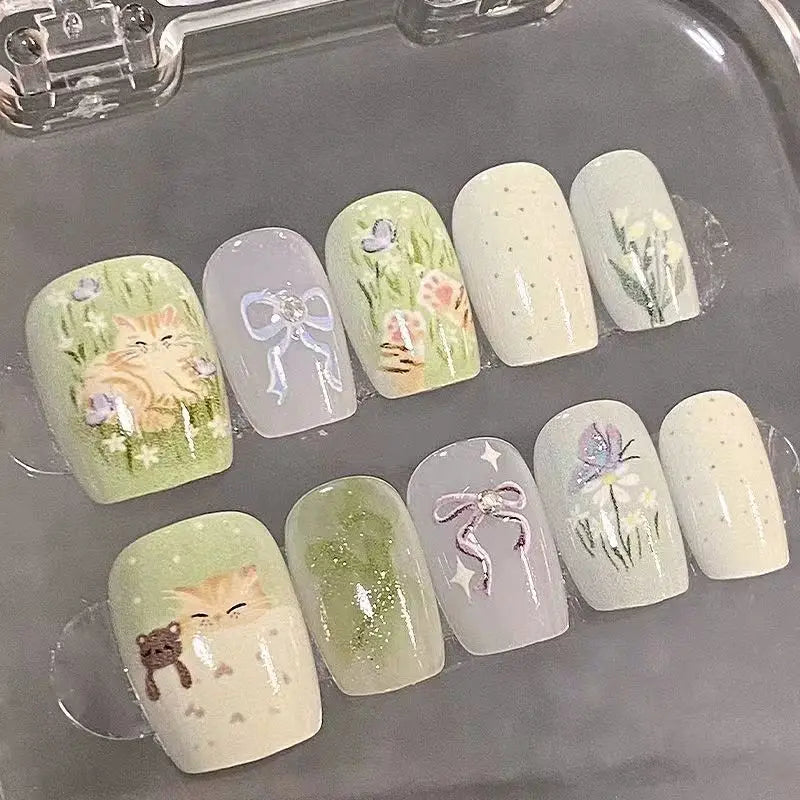 2025 New Watercolor Relief Wearing Explosion Wearing Nail Butterfly Fresh Nail Green Press on Nails  Short Press on Nails