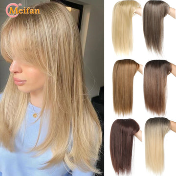 MEIFAN Long Straight Hair Toppers Ombre Blonde Clip Hair Extensions Synthetic Natural Black 3-Clip with Bang Fake Hairpieres