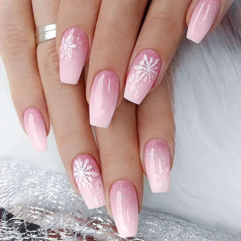 24pcs Fake Nails Christmas Snowflake Stripe Pattern False Nail Tips Wearable 2025 New Year Gifts Press on Nails