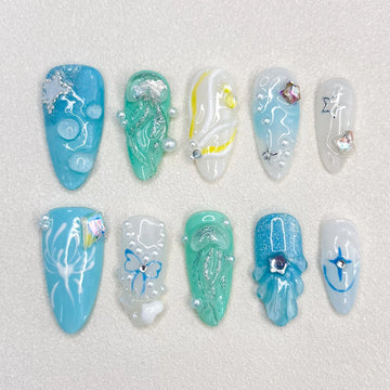 2025 New Handmade Blue Series Press on Nails Advanced Nail Relief Series 3D Female Hand Decoration