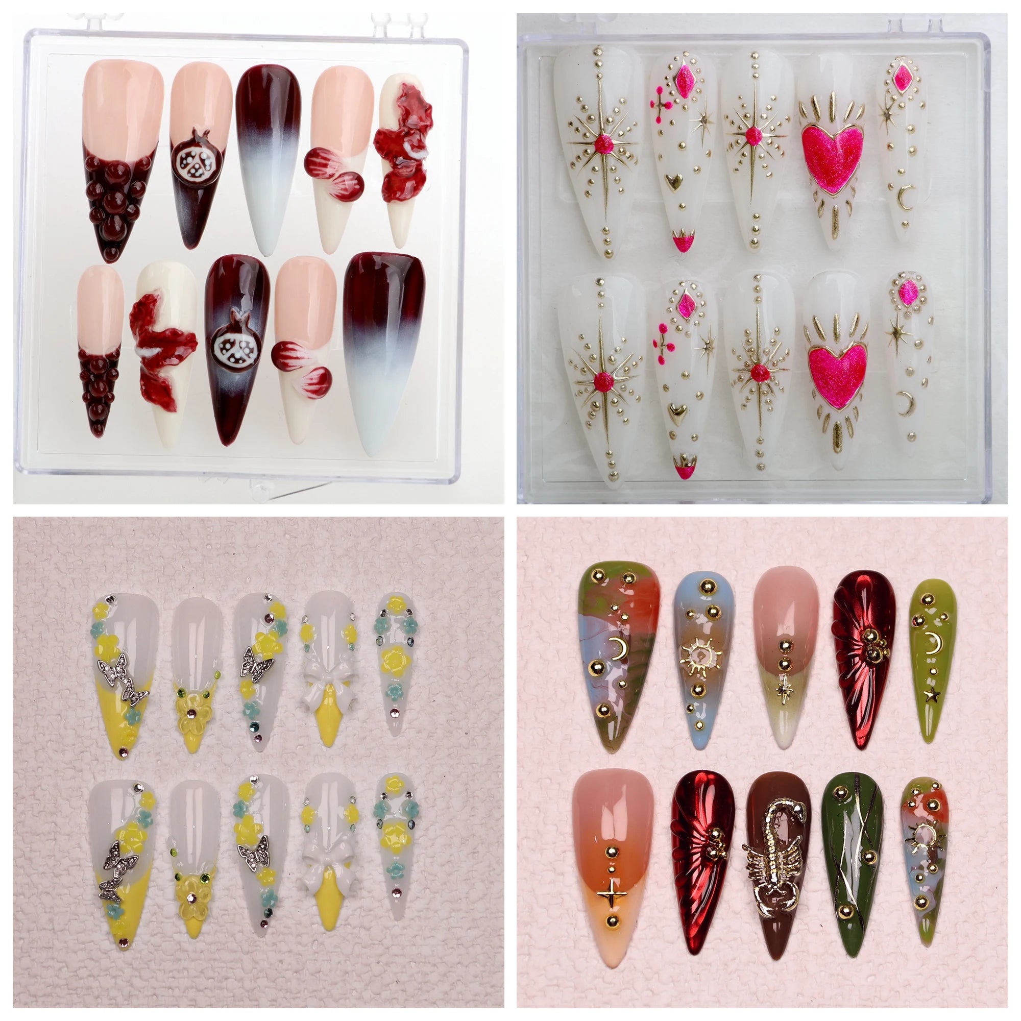 10Pcs Handmade y2k Unique 3D beautiful Bow print Flower Press On Nail Faux Acrylic Nails Design with Adhesive Nail File Set