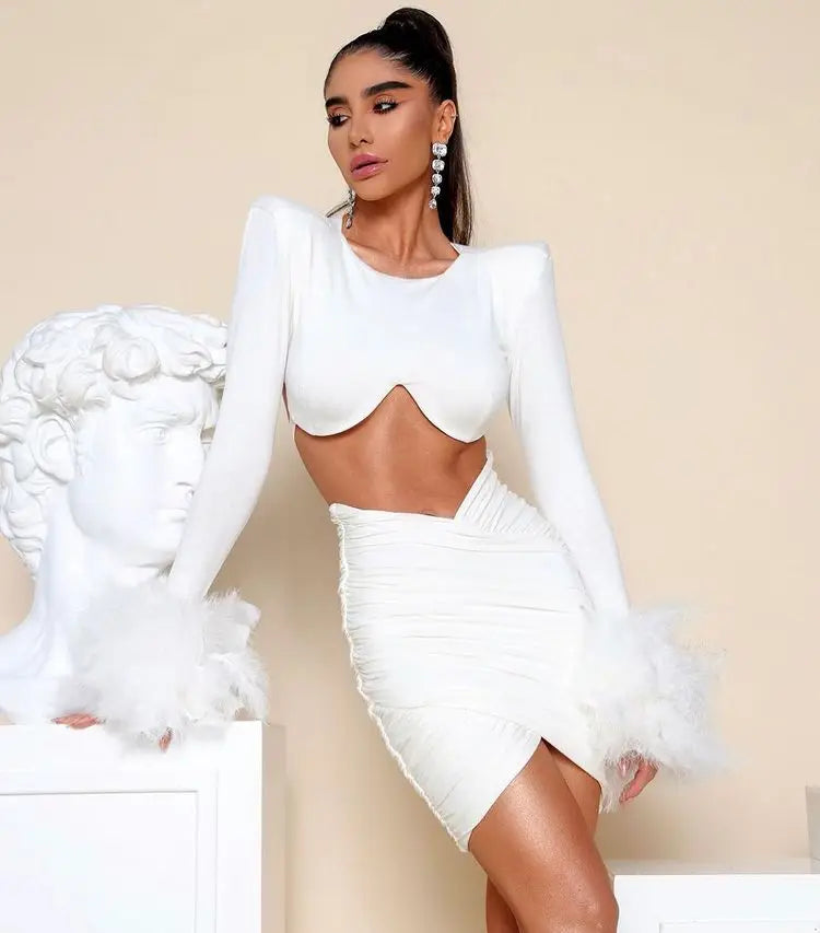 GORAFASHIO RoundNeck Long Sleeve Hairy Bandage Set Elegant Ruched Mini Skirt Two Piece Set Feather Trim Crop Top White Skirt Set