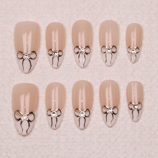 10Pcs Handmade Manicure Medium Almond Fake Nails Unique 3D Beautiful Cut Bow Press On Nails Design with Adhesive Nail File Set