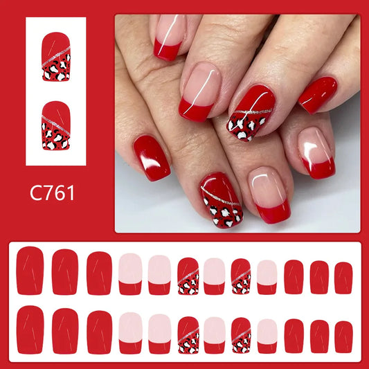 24Pcs Red Short Square Glossy Press-On Nails French Leopard Gold Glitter Design False Nails Suitable For Girls 2025 New Year's