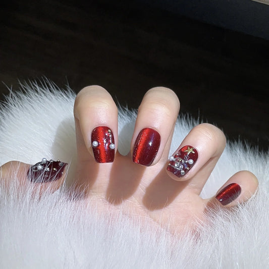 10 PCS Luxury Handmade Press on Nails Super Short Coffin Red Christmas Design with 3-PIECE Tool Adhesive Nail Glue Tabs