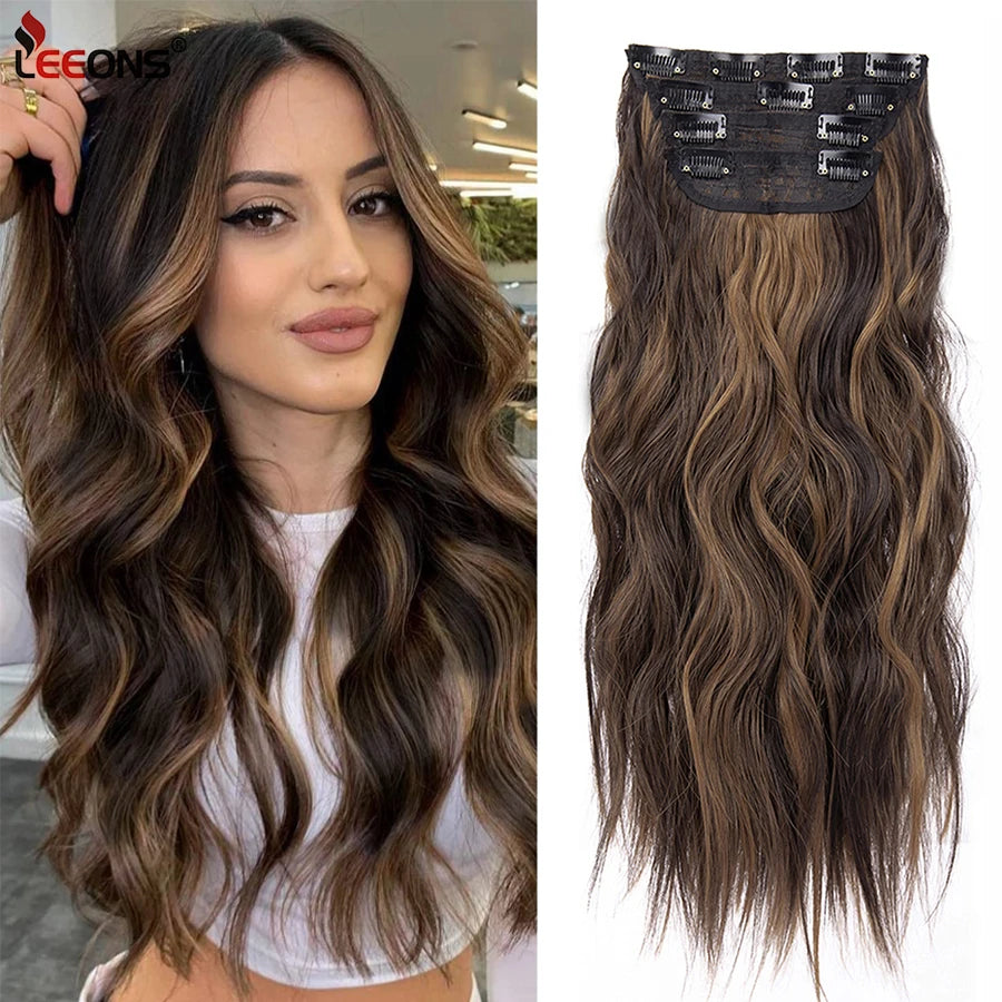 Leeons Wavy Clip In Hair Extensions 4 PCS Natural Soft Long Wavy Hairpieces Thick Double Weft Clip In Hair Extensions For Woman