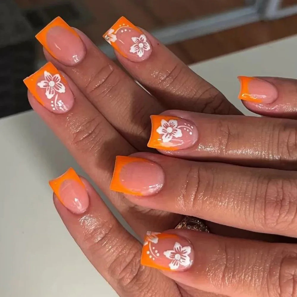 24Pcs Glossy Short Square Orange Edge Press On Nails French White Flower Design False Nails Full Cover Suitable For 2025 Spring