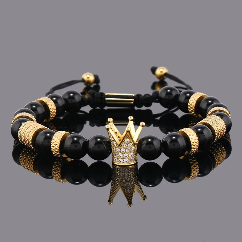 Luxury Natural Stone Beads Stainless Steel Crown Charms Man Bracelet Women Hand Jewelry Gift