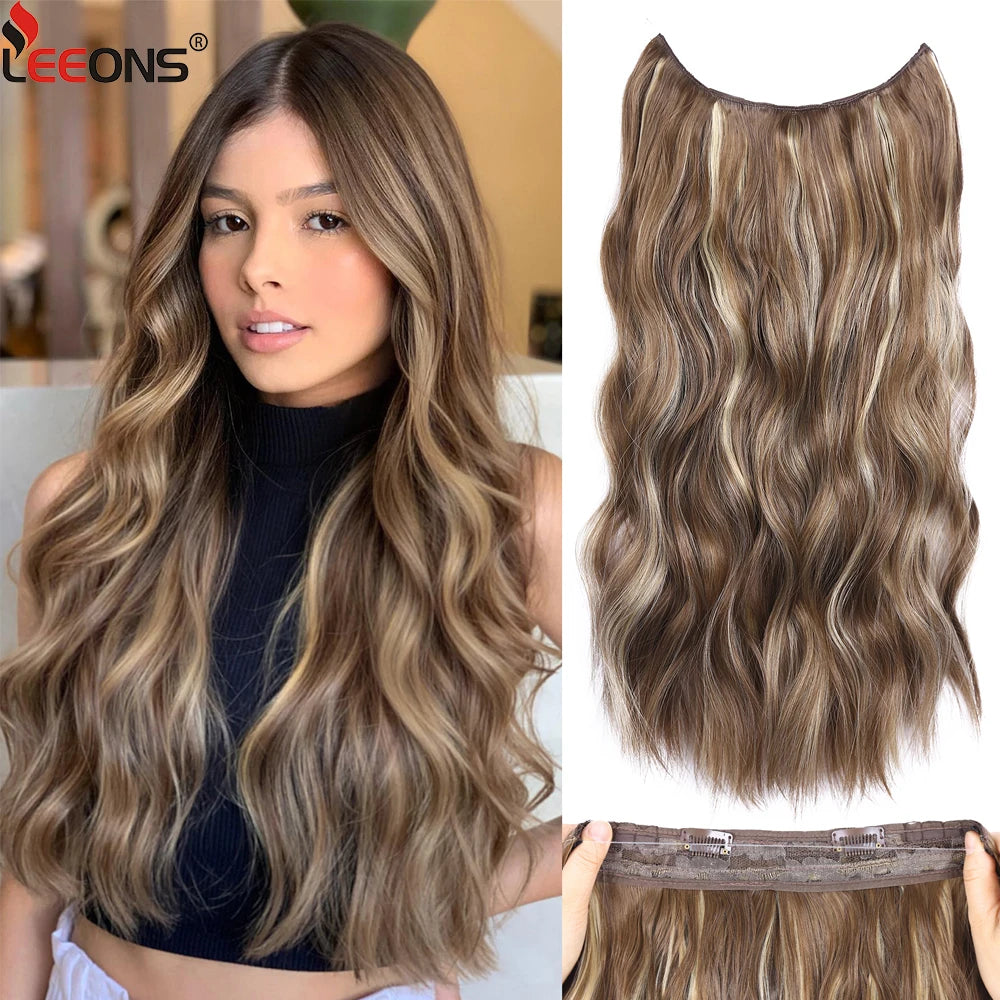 Two Clips Invisible Wire Hair Extensions Synthetic Long Wavy Black Brown One Piece False Hairpiece Hair Extension For Women