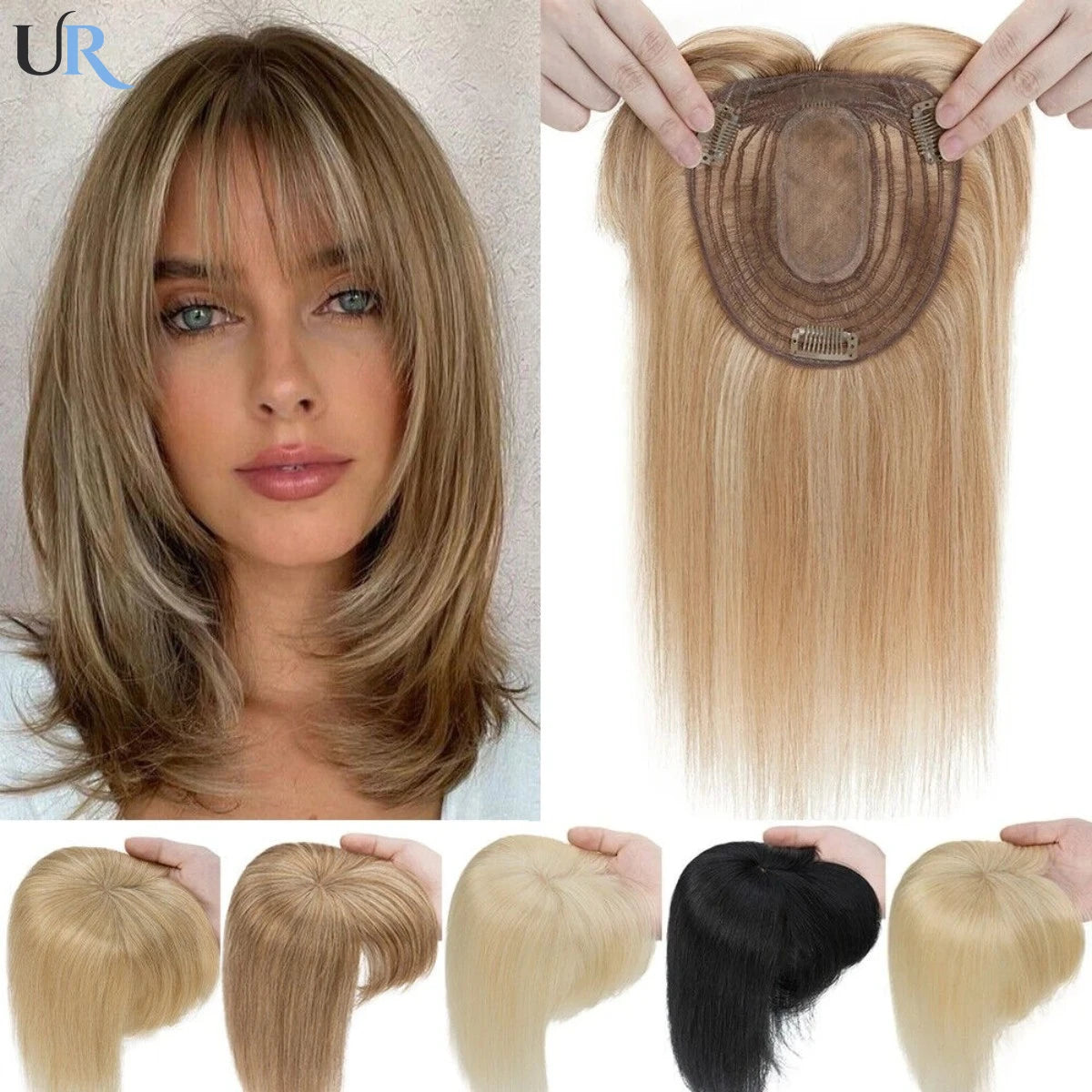 Human Hair Topper For Women Toppers With Bangs Clips In Hairpieces 100% Human Hair Wigs Natural Straight Hair Blonde Silk Base