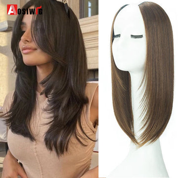 Aosiwig Synthetic Straight Hair Extension U Hair Pads Clips In Fake False Hair Pieces For Women Seamless Invisible Hair Piece