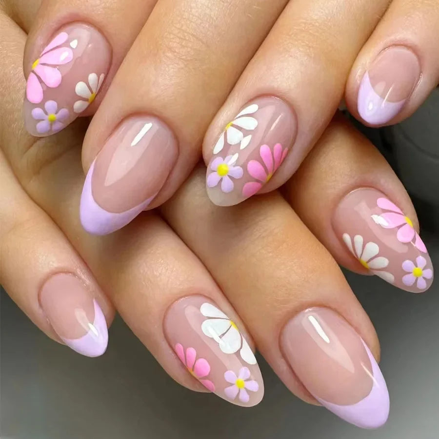 24Pcs Pink Flower Short Almond Press-on Nails Set Glossy Acrylic Full Cover Fake Nails with Glue Art Stick on For Women&Girls