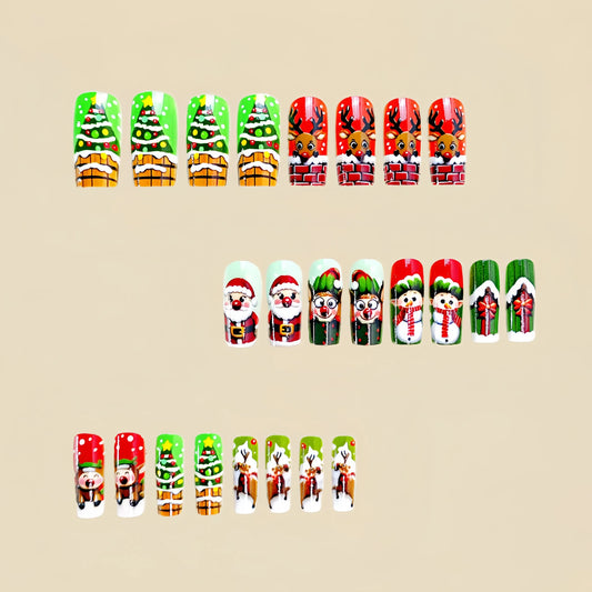 24pcs Santa Claus Elk Snowhouse Pattern Fake Nail 2025 New Year Gifts Girl Wearable Fake Nail Tips Coffin Head Press on Nails