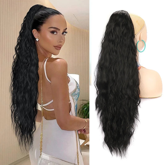 Ponytail Extension 30 Inch Extra Long Drawstring Wavy Curly Ponytails Black Brown Synthetic Fiber Fake Hair piece for Women