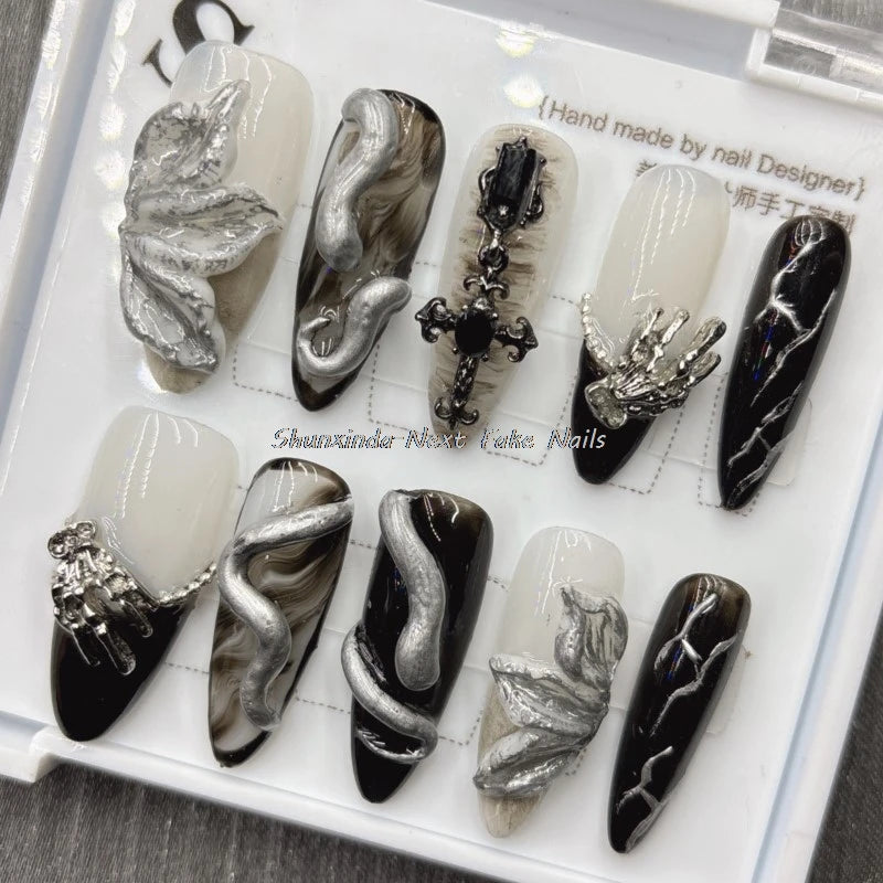 10pcs Handmade Fake Nails Black and White Nails 3D Relief White Snake Nails 2025 Snake Year Press on Nails for Women Daily Wear