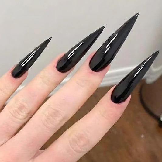 24pcs Press On Black Pointed Tips Cool Long Fake Nails Reusable Adhesive False Nails Solid Color Simple Style Artificial Nails