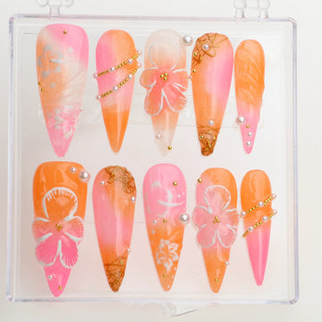 10Pcs Handpainte Manicure Long Stiletto Fake Nails Unique 3D beautiful Flowers Press On Nails Design with Adhesive Nail File Set