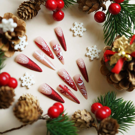 24pcs Christmas Fake Nails Long Stiletto Press On Acrylic Nails Almond Glitter Red French False Nails White Snowflake Wearable