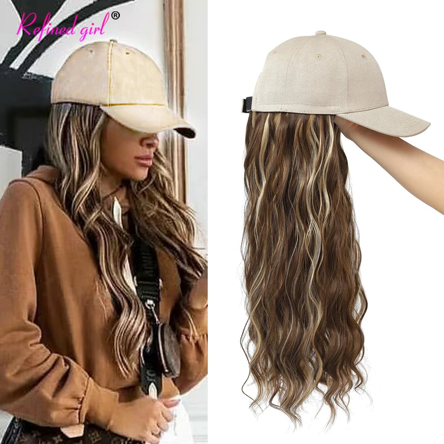 Synthetic Hat Wig Baseball Cap with Natural Wave Hair extensions Attached For Black Woman Adjustable Cap Wigs Brown Blonde color