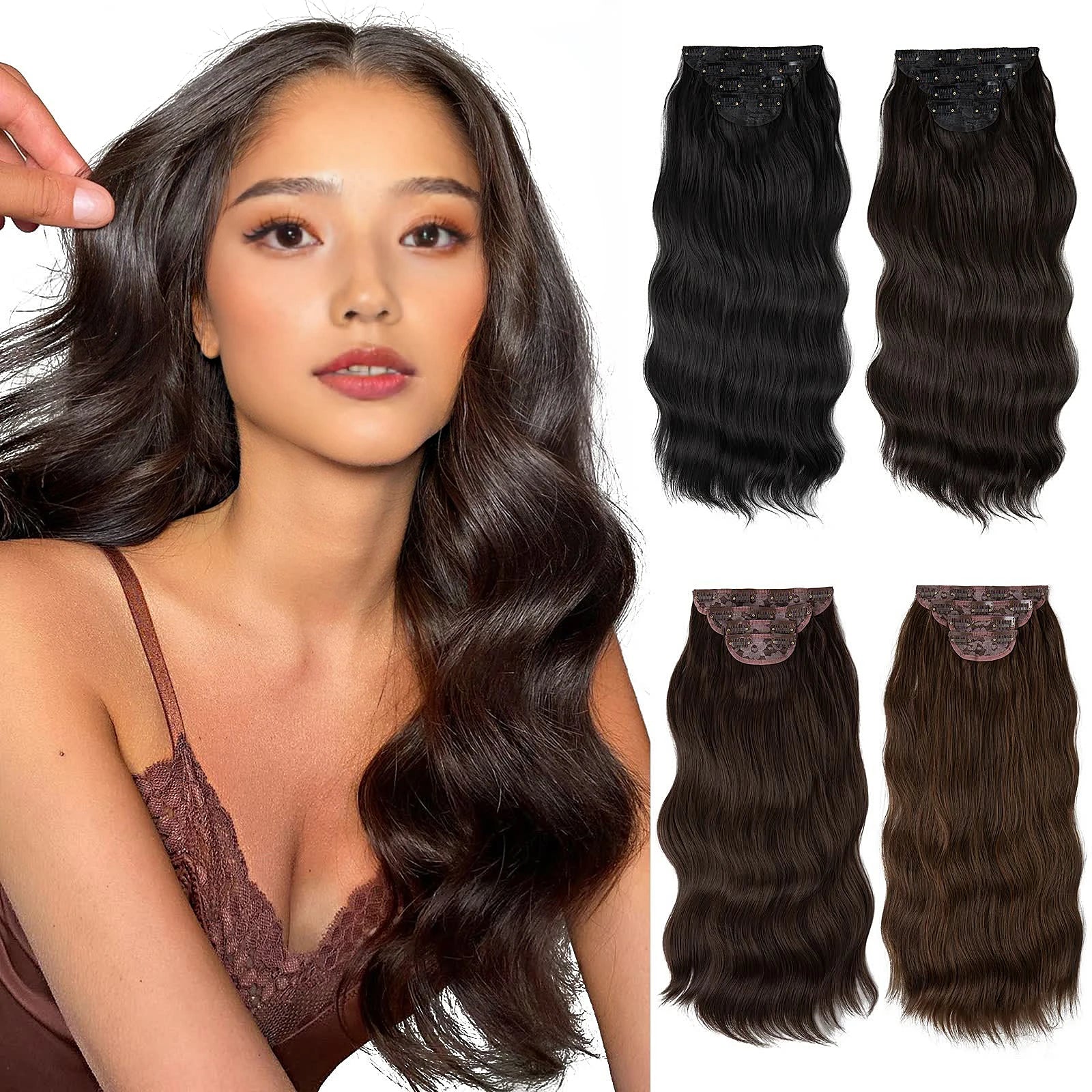 Long Wavy Synthetic Clip In Hair Extensions  4Pcs/Set Daliy Thick Hairpiece For Women Brown Black Natural Fake Hair Pieces