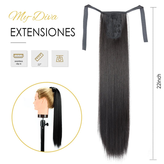 Synthetic Hair 22''' Long Straight Heat-Resistant Straight Hair With Ponytail Fake Hair Chip-in Natural Hairpiece Headwear