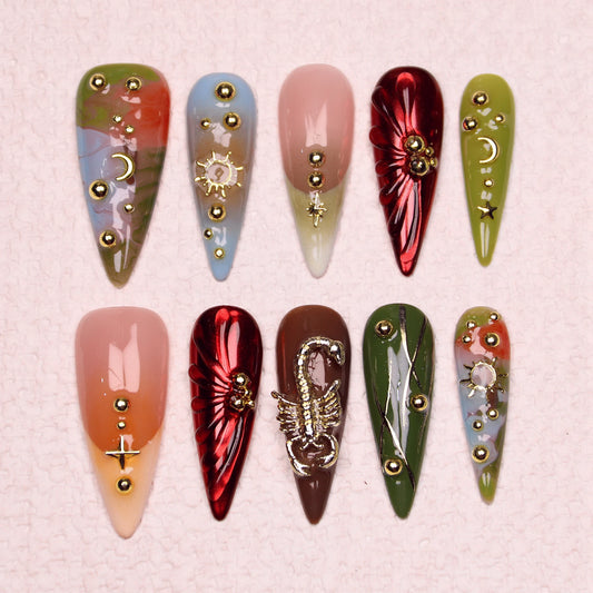 10Pcs Handmade y2k Unique 3D beautiful Bow print Flower Press On Nail Faux Acrylic Nails Design with Adhesive Nail File Set