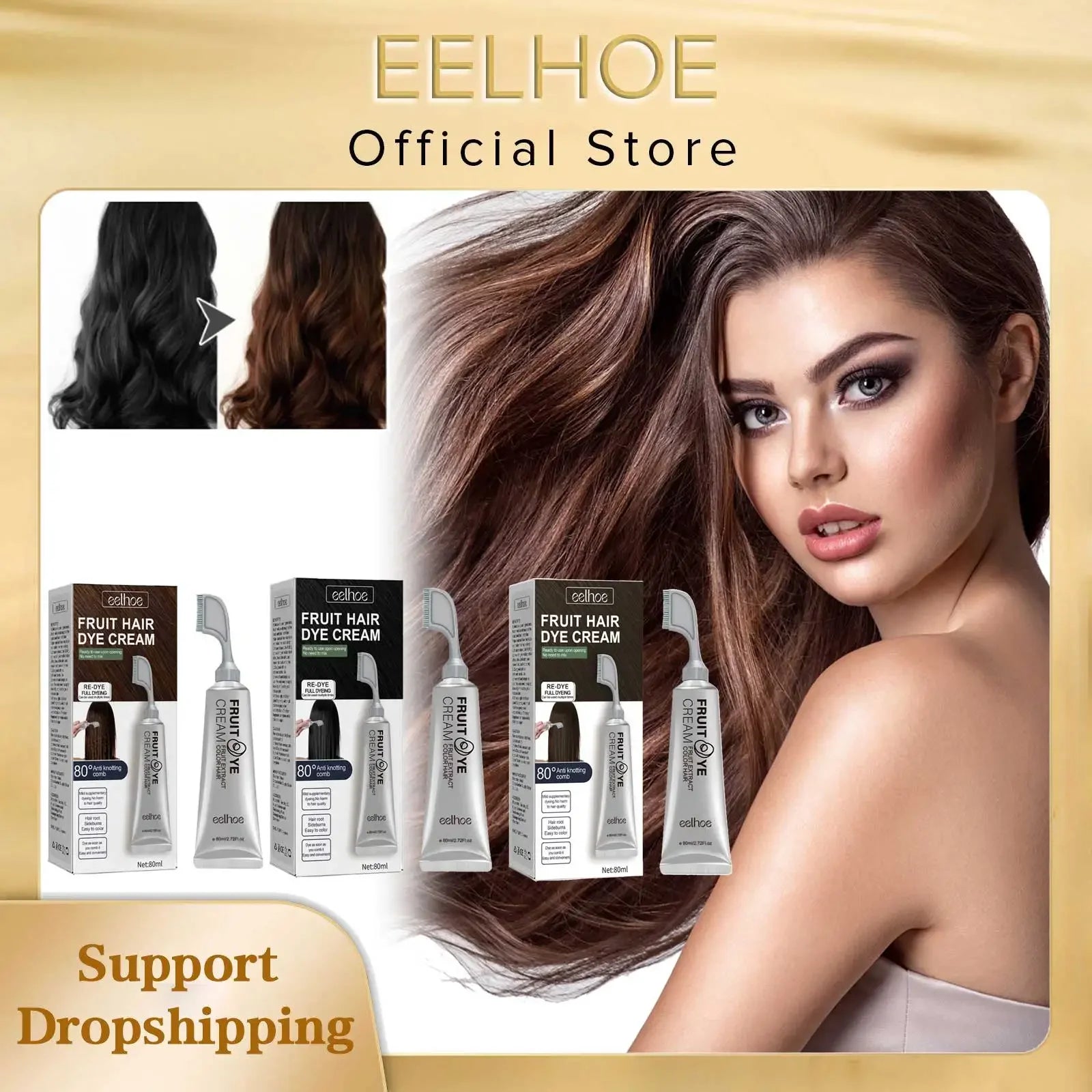 EELHOE Permanent Hair Dye Cream with Comb Long Lasting Cover Gray White Hairs Pure Plant-Based Hairdye Fruit Black Hair Cream