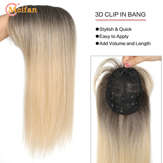 MEIFAN Long Straight Hair Toppers Clip Hair Extensions Synthetic Hair Topper Natural Black Brown 3-Clip with Bang Fake Hairpiere