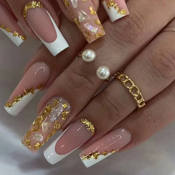 24pcs Coffin False Nails French Glitter Gold foil Fake Nails Full Cover Press on Nails Nail Tips Detachable DIY Long Ballet Nail